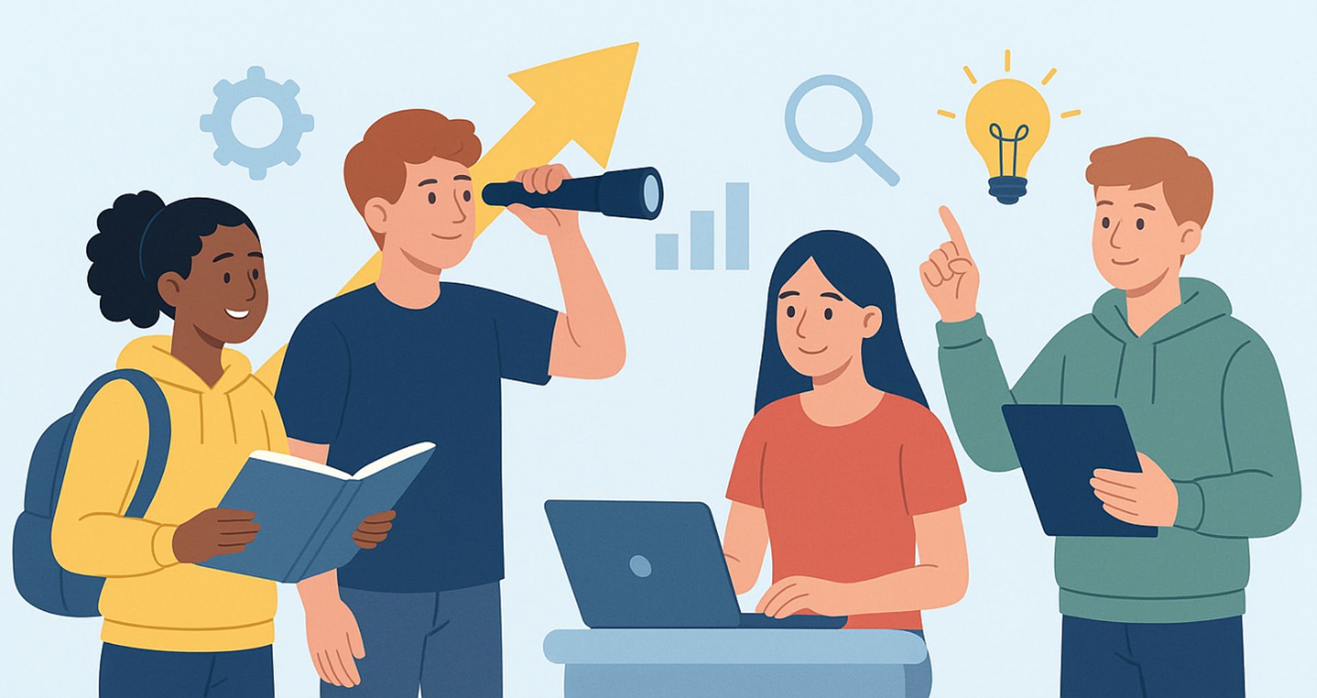 KI-generiertes Bild Bild zeigt vier Jugendliche mit unterschiedlichen Utensilien