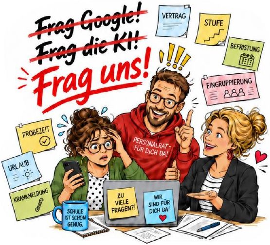 Personalversammlung für angestellte 2026 Drei Personen vor einem Laptop und darum viele Notizzettel mit den Themen (siehe Einladung)